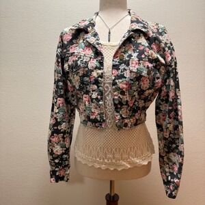 Vintage Paris Blues Y2K 90s Floral‎ Cropped Denim Jean Jacket Women Medium